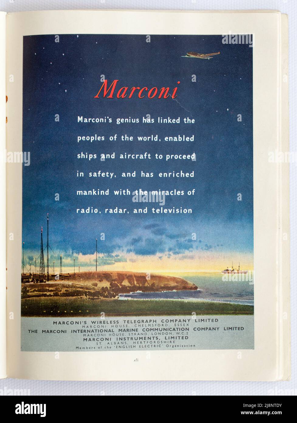 Old 1950s British Advertising per Marconi Wireless Telegraph Company Foto Stock