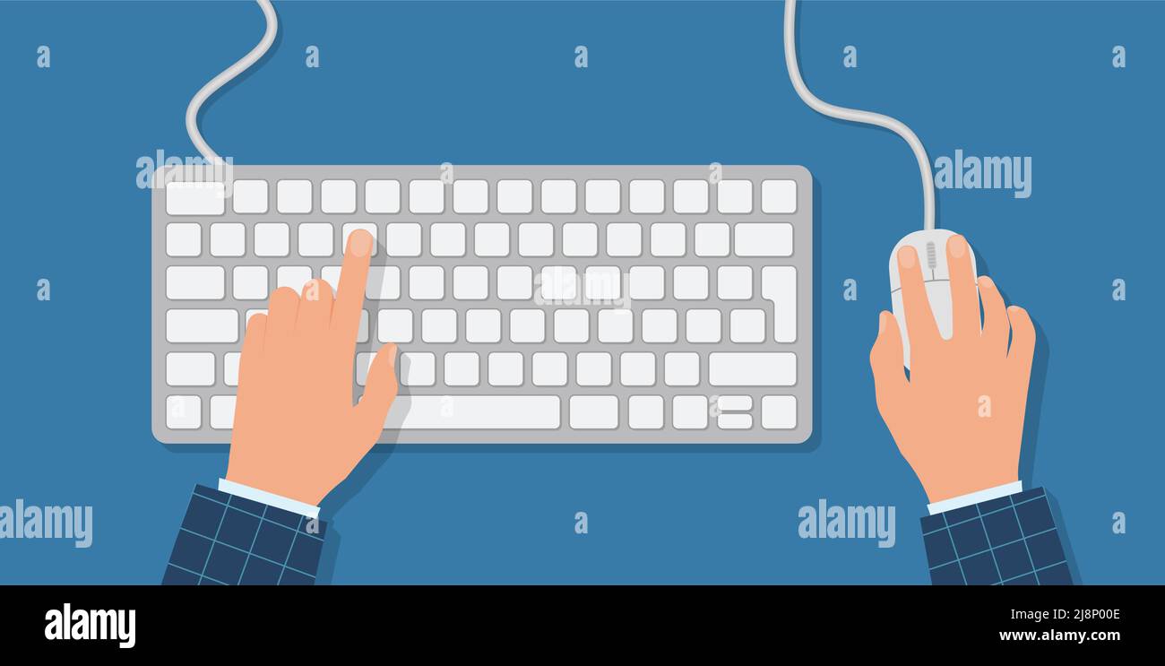 Persone che lavorano sul computer. Mani sulla tastiera e il mouse. Programmatore, blogger, freelance, designer, impiegato d'ufficio. Modello per la progettazione. VECTO Illustrazione Vettoriale