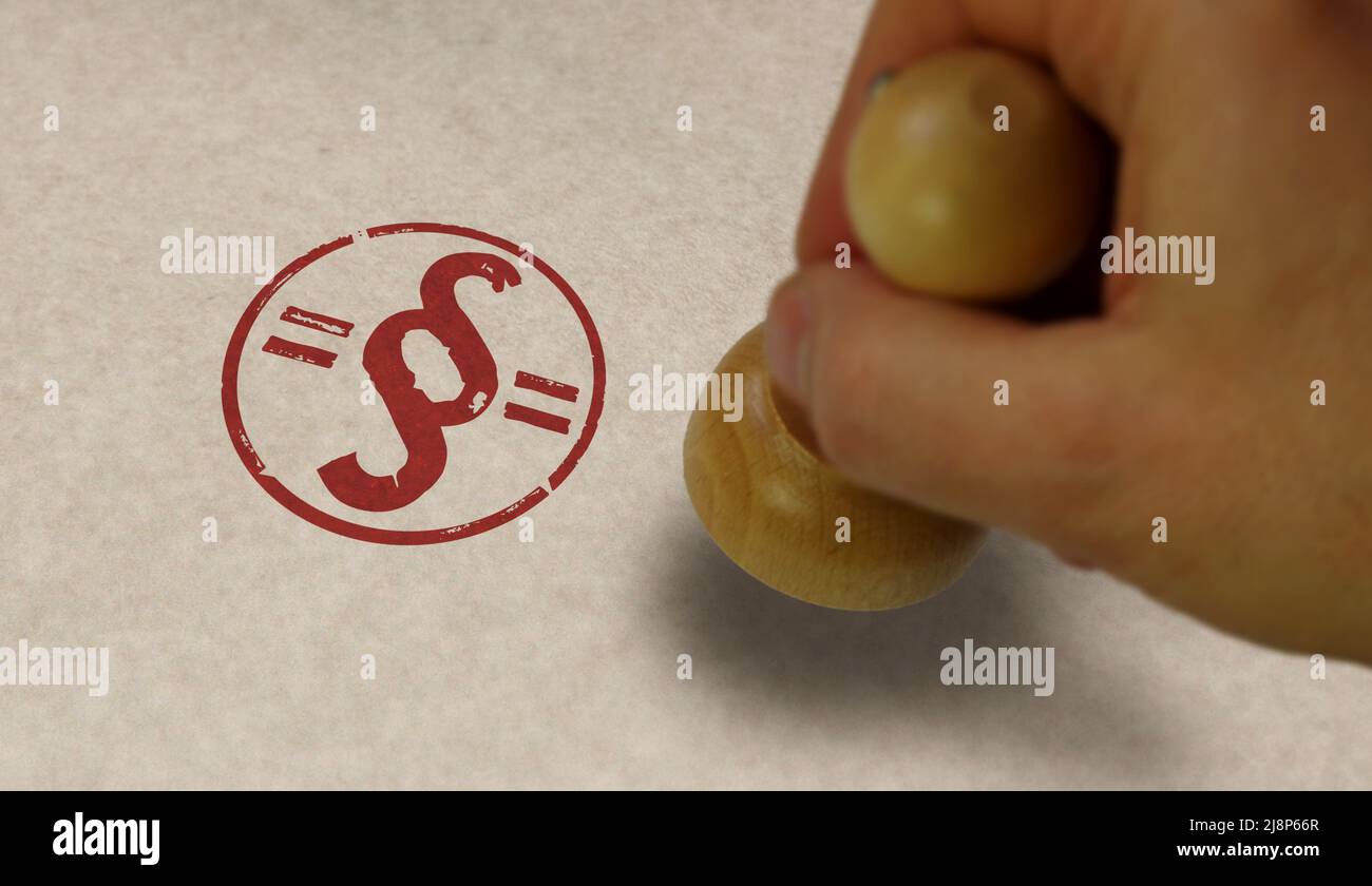 Timbro di paragrafo e mano di timbratura. Legge, giustizia e legislazione regola simbolo concetto. Foto Stock