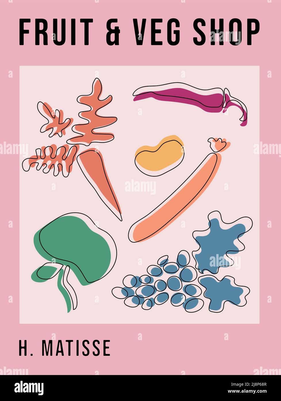 Matisse Abstract Art Poster, Fruit and Vegetable Advertisement, Eesthetic Modern Art, Boho decor, minimalista Art Illustrazione Vettoriale