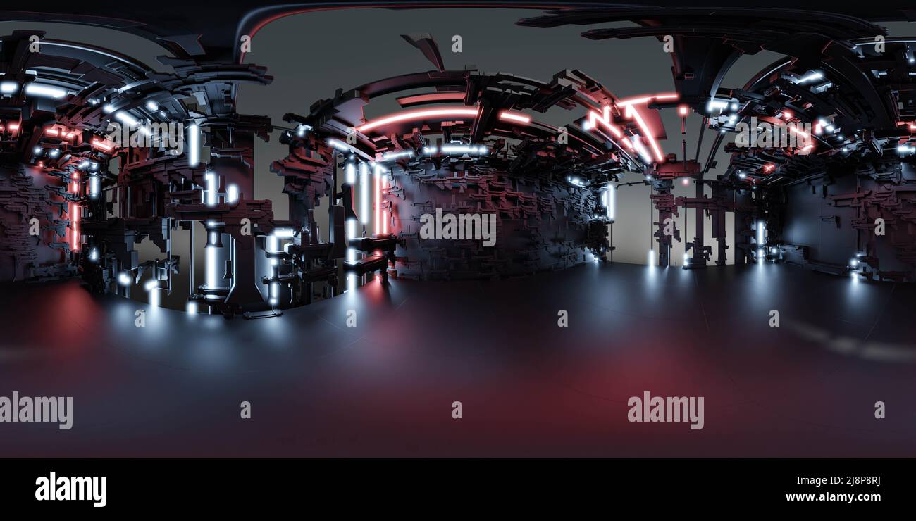 mappa dell'ambiente panoramica completa a 360 gradi della tecnologia futuristica e oscura moderna costruzione desolata interno 3d rendering illustrazione hdri hdr vr virtuale Foto Stock