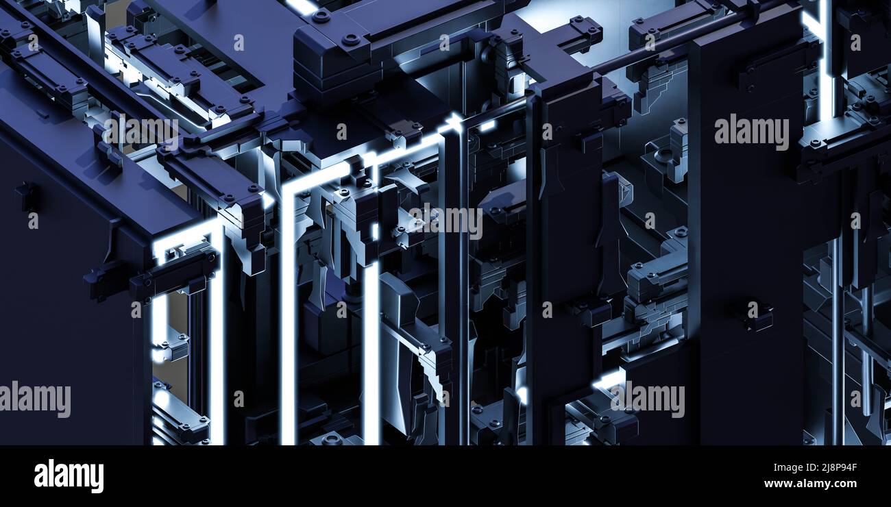 immagine di rappresentazione del cubo di forma geometrica della luce laser nera scura 3d Foto Stock