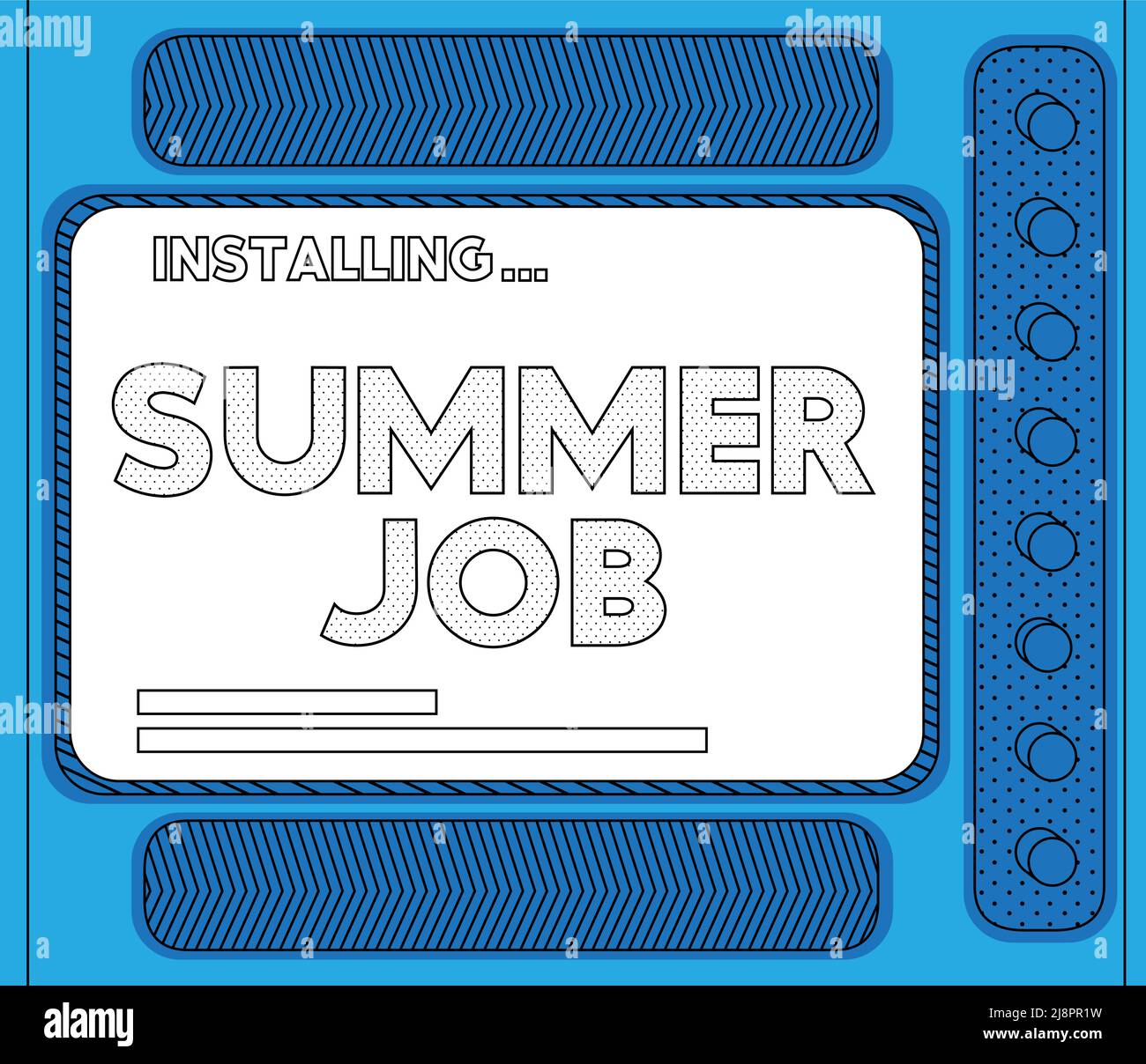 Computer cartoon con la parola Summer Job. Messaggio di una schermata che visualizza una finestra di installazione. Illustrazione Vettoriale