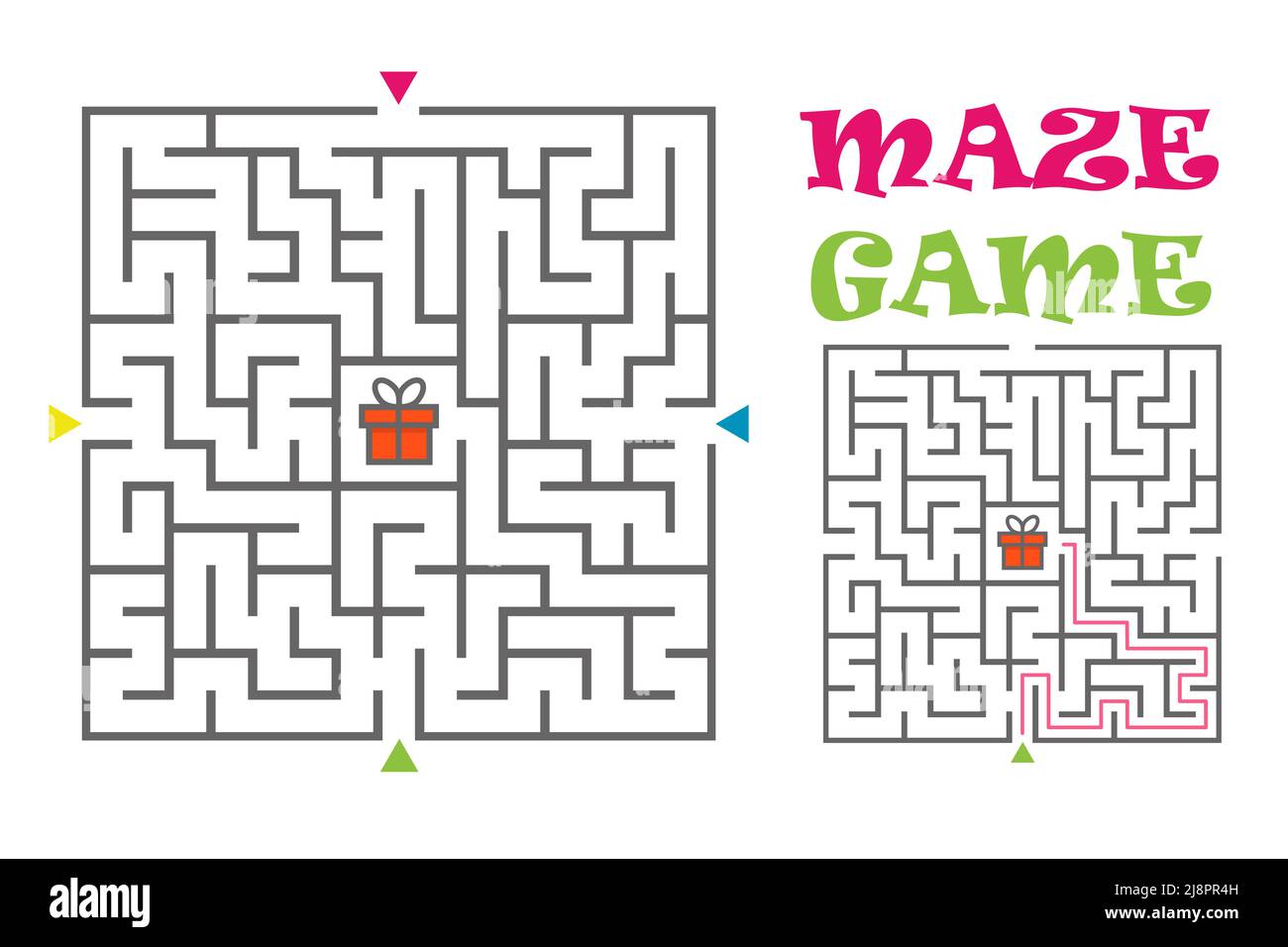 Labirinto quadrato gioco per bambini. Logica. Quattro ingressi e un modo giusto per andare. Illustrazione piatta vettoriale Illustrazione Vettoriale