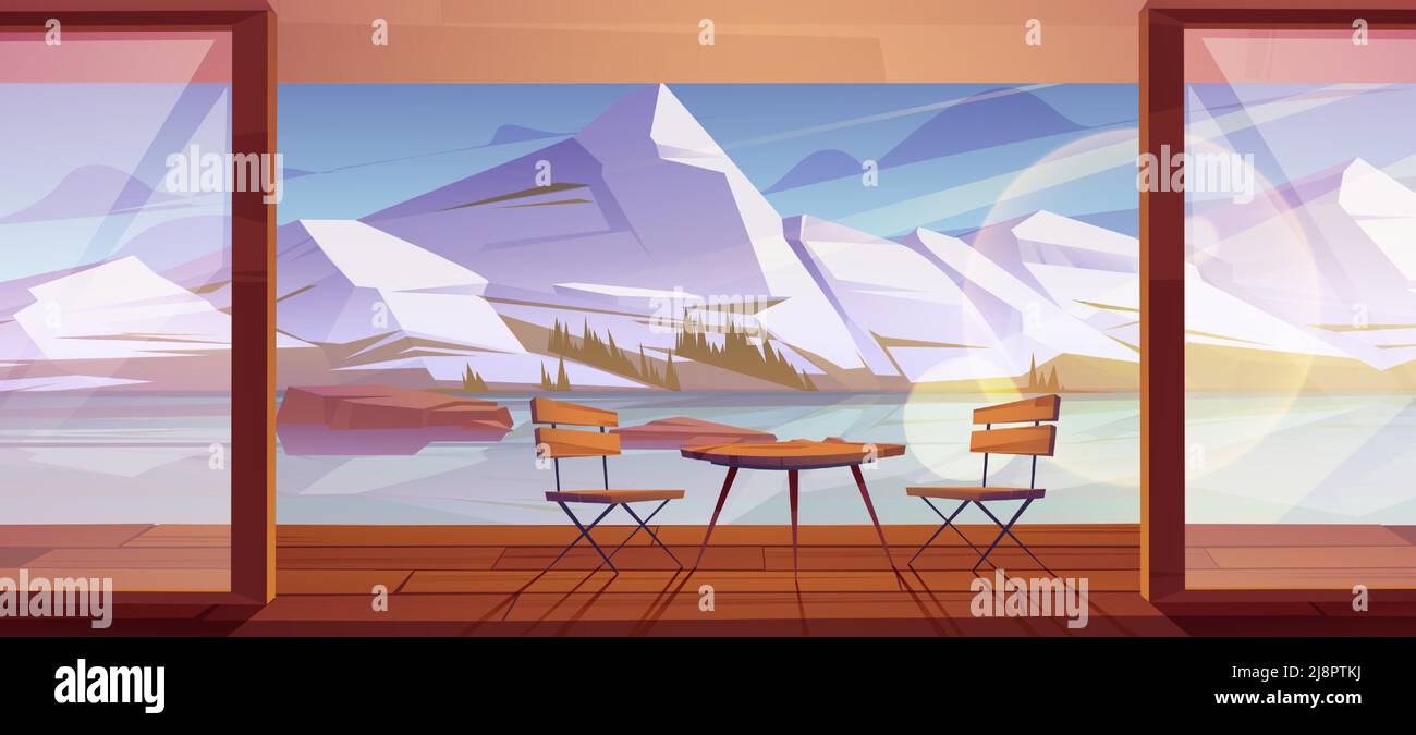 Casa terrazza con mobili e vista sulla valle di montagna in inverno. Illustrazione vettoriale di cartoni animati del paesaggio nordico con fiume ghiacciato, rocce con neve e veranda in legno cottage con tavolo e sedie Illustrazione Vettoriale