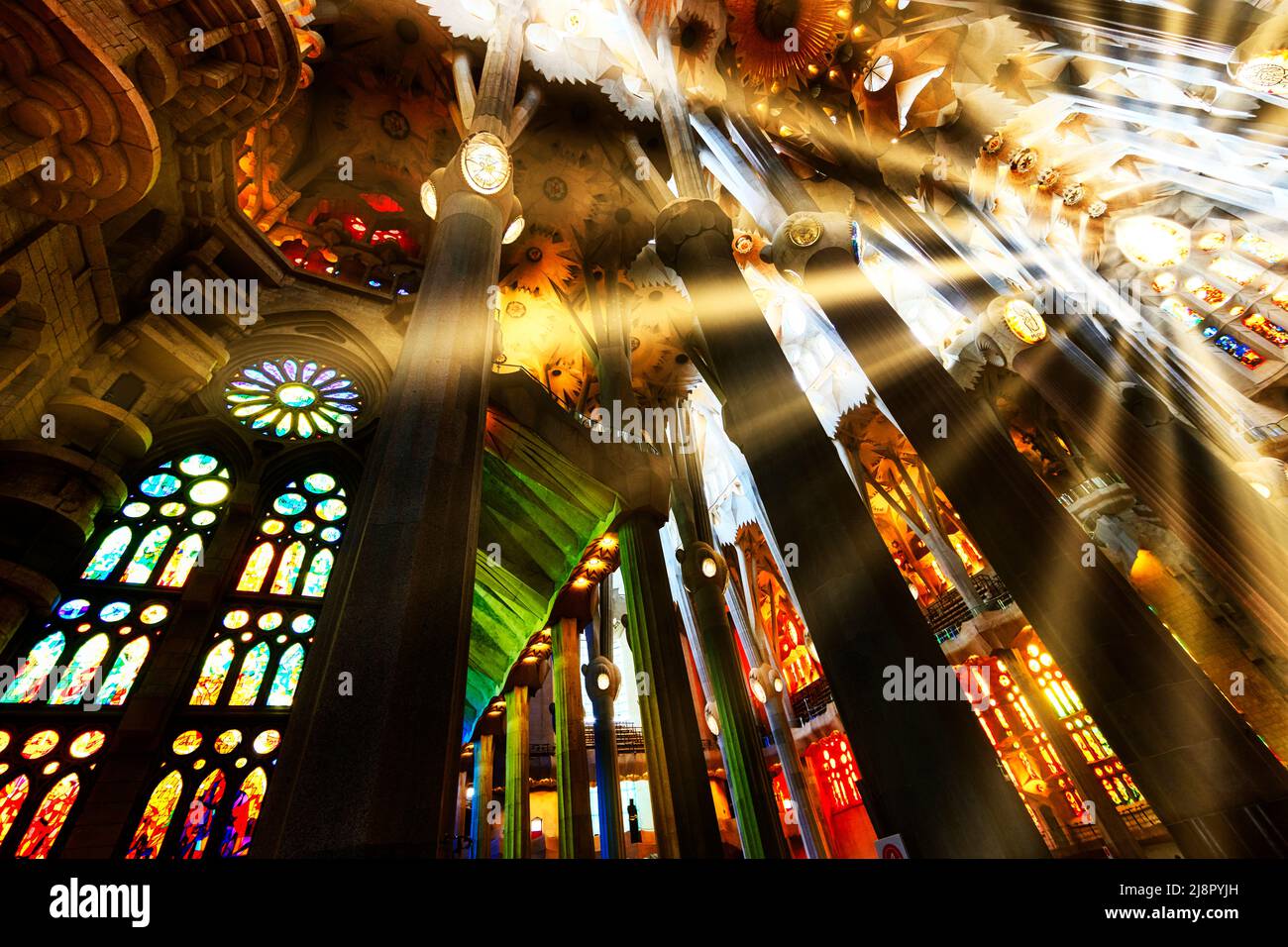 Vista interna del soffitto a volta, Sagrada Familia di Antoni Gaudi, Barcellona, Catalogna, Spagna Foto Stock