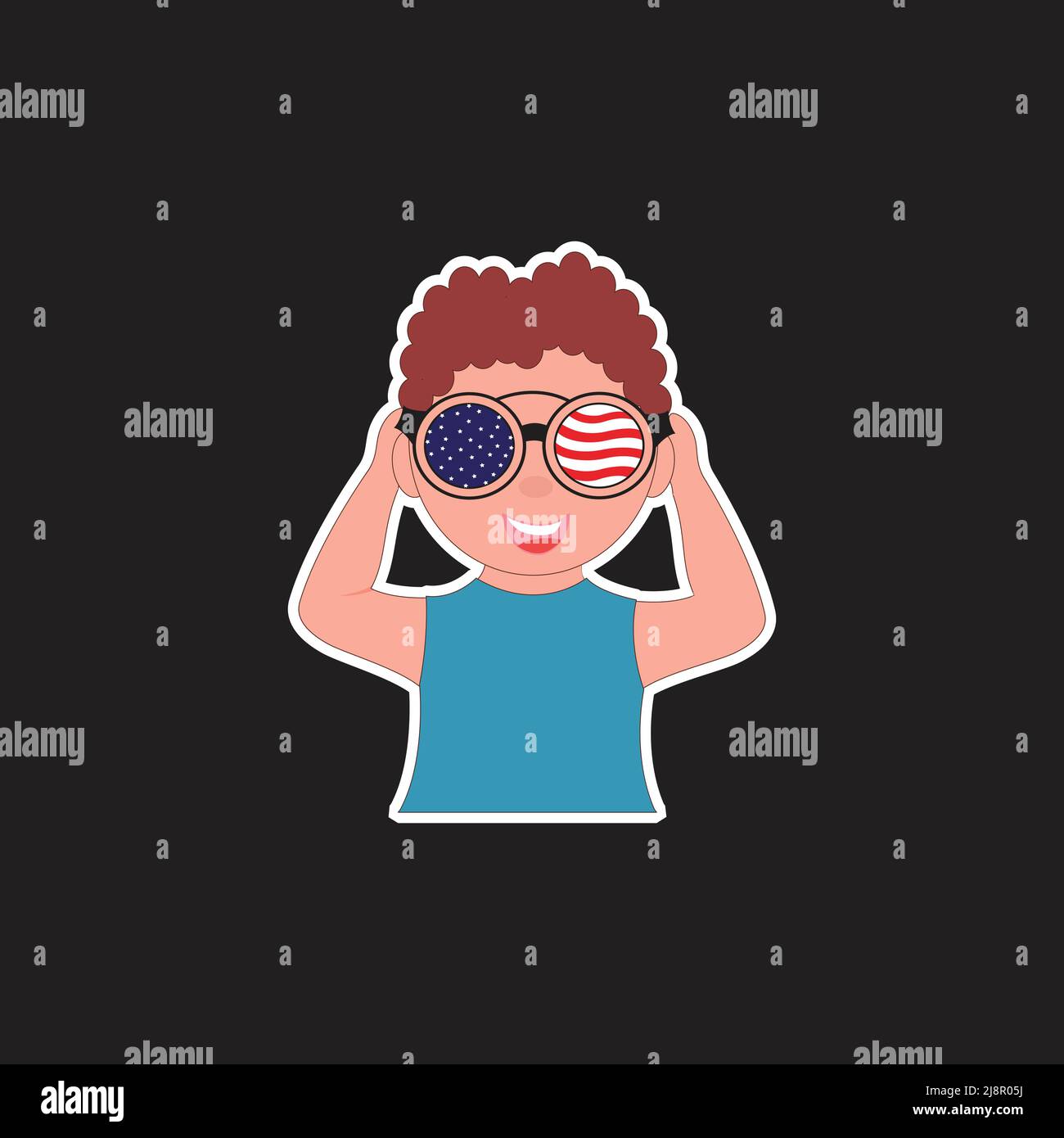 Happy Little Boy che indossa gli occhiali American Flag e le mani su Head Sticker Vector. Illustrazione Vettoriale