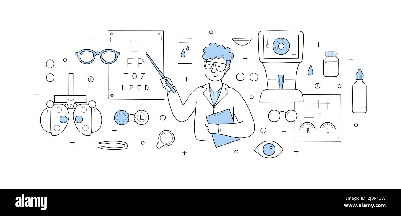 Controllo oculare, diagnostica oftalmologica, correzione della vista, concetto di optometria Doodle. Oftalmologo che controlla la vista del paziente. L'oculista mostra le lettere Illustrazione Vettoriale