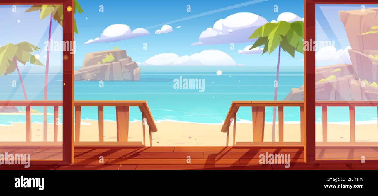 Bungalow portico in legno e vista sulla spiaggia di sabbia con palme e montagne in acqua. Illustrazione vettoriale di cartoni animati di estate tropicale oceano paesaggista Illustrazione Vettoriale