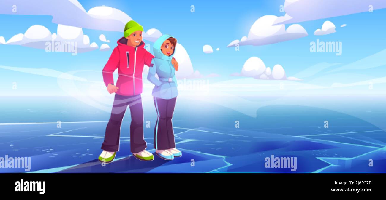 Giovane coppia in piedi sul ghiaccio a sfondo paesaggio invernale. Uomo e donna indossano abiti caldi abbracciano in piedi su laghetto ghiacciato o mare a freddo giorno d'inverno, p. Illustrazione Vettoriale