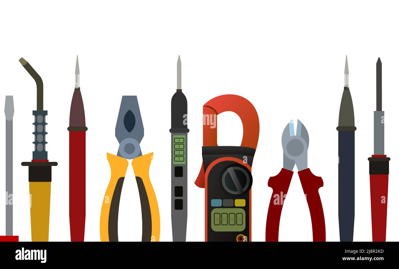 Attrezzi per elettricista. Riparazione di apparecchiature radio elettroniche e a microprocessore. Componenti di ricambio e assistenza. Isolato su sfondo bianco. Bott Illustrazione Vettoriale