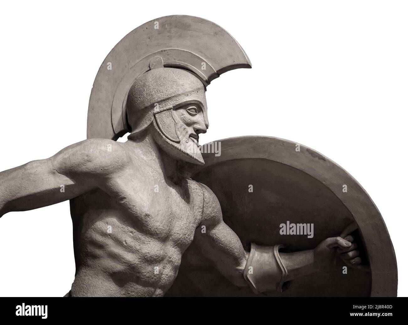 Testa in casco greco antica scultura di guerriero. Isolato su sfondo bianco Foto Stock