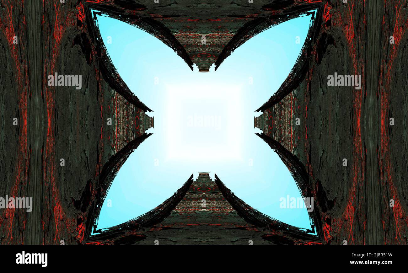 Cornice a farfalla che conduce ad un quadrato chiaro. Telaio con materiale ruvido e vene rosse. Foto Stock