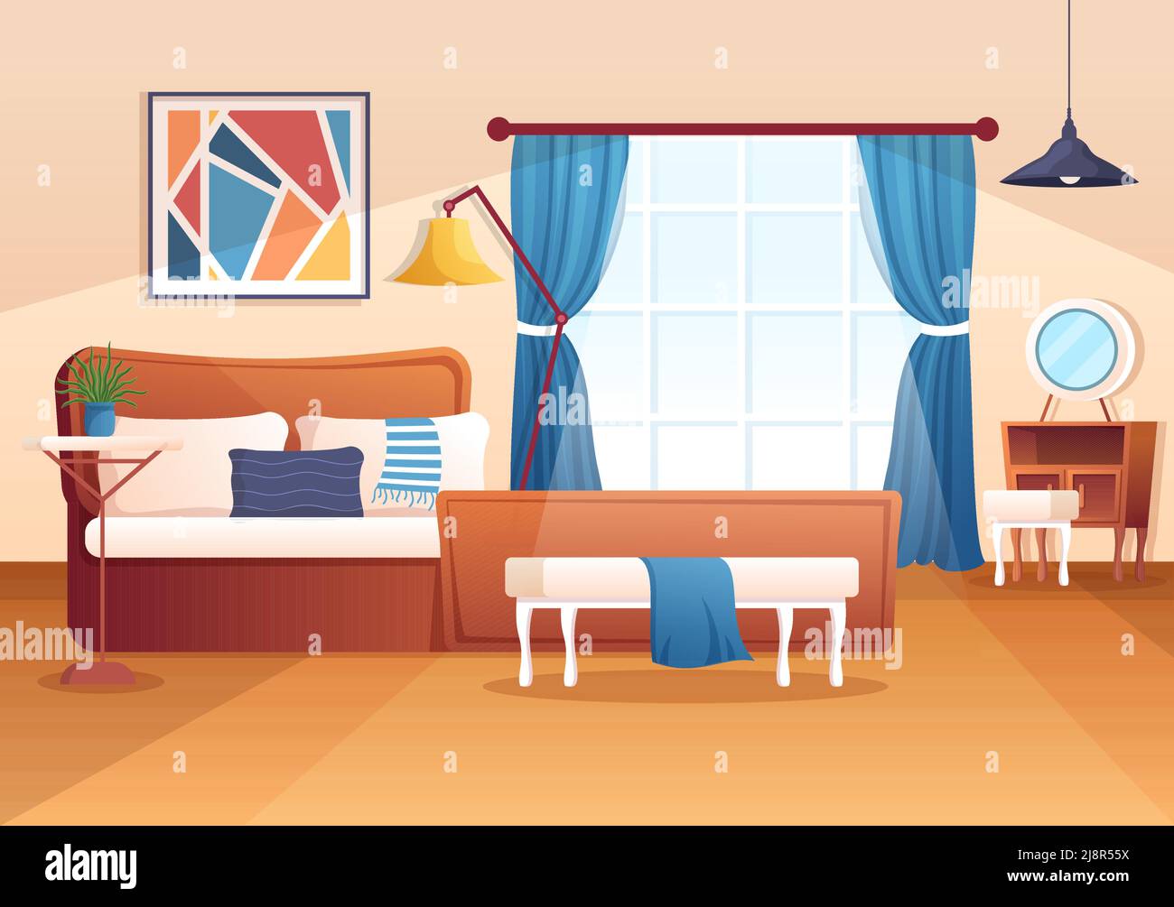 Accogliente camera da letto interno con mobili come il letto, armadio, Bedside Table, vaso, lampadario in stile moderno in Cartoon Vector Illustration Illustrazione Vettoriale