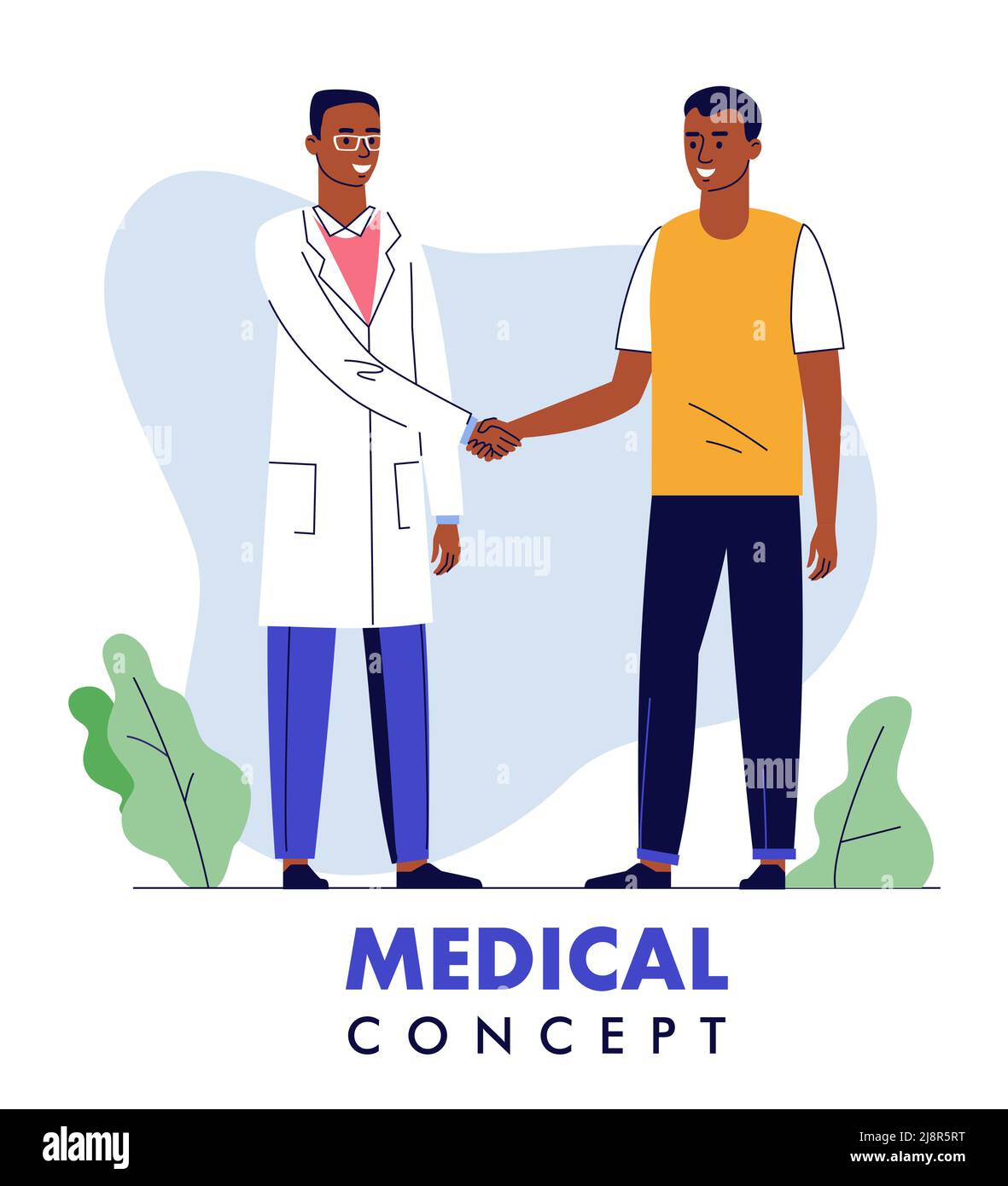 Concetto di medicina con il medico nero e la stretta di mano del paziente. Illustrazione Vettoriale