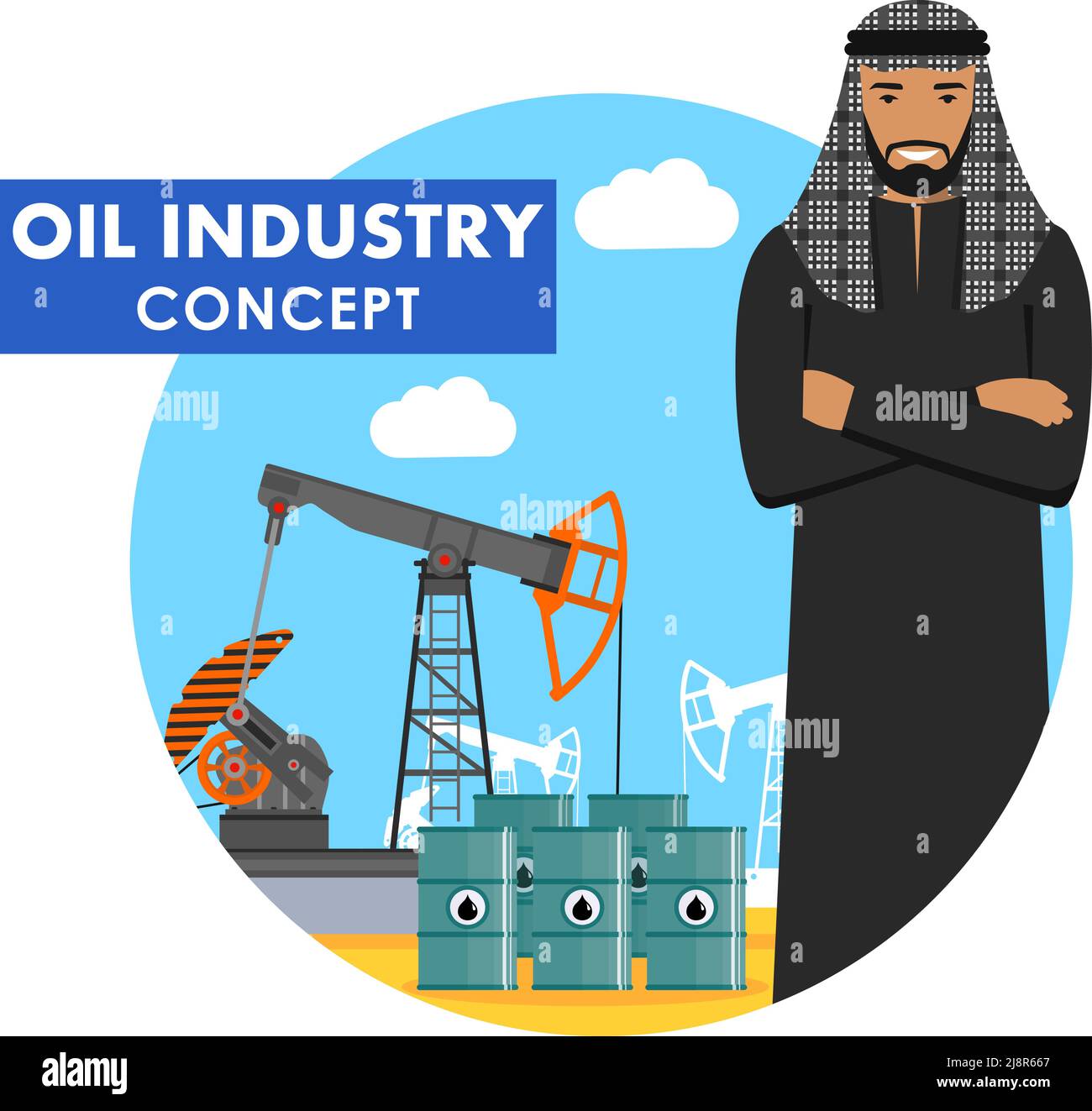 Illustrazione dettagliata di un uomo d'affari musulmano arabo, pompa dell'olio e barili con combustibile in stile piatto su sfondo blu. Illustrazione Vettoriale