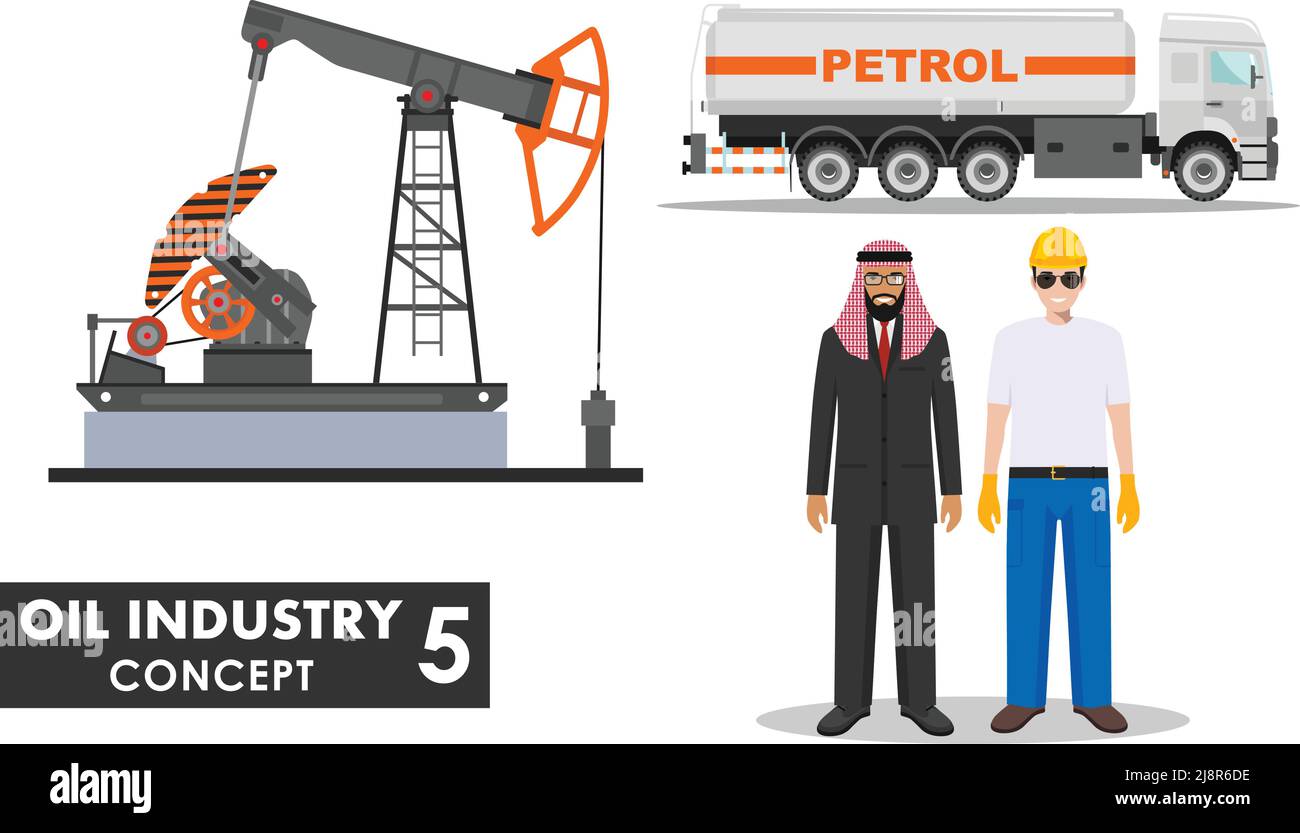 Illustrazione dettagliata di camion a benzina, pompa dell'olio, uomo d'affari, ingegnere e uomini arabi in stile piatto su sfondo bianco. Illustrazione Vettoriale