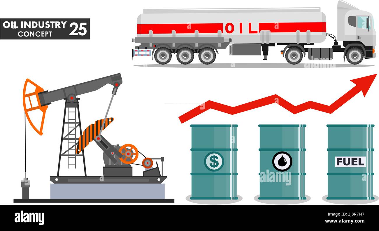 Concetto di industria petrolifera. Silhouette di camion a benzina, pompa dell'olio in stile piatto. Barile di petrolio con dollaro e gocce segno. Illustrazione vettoriale Illustrazione Vettoriale
