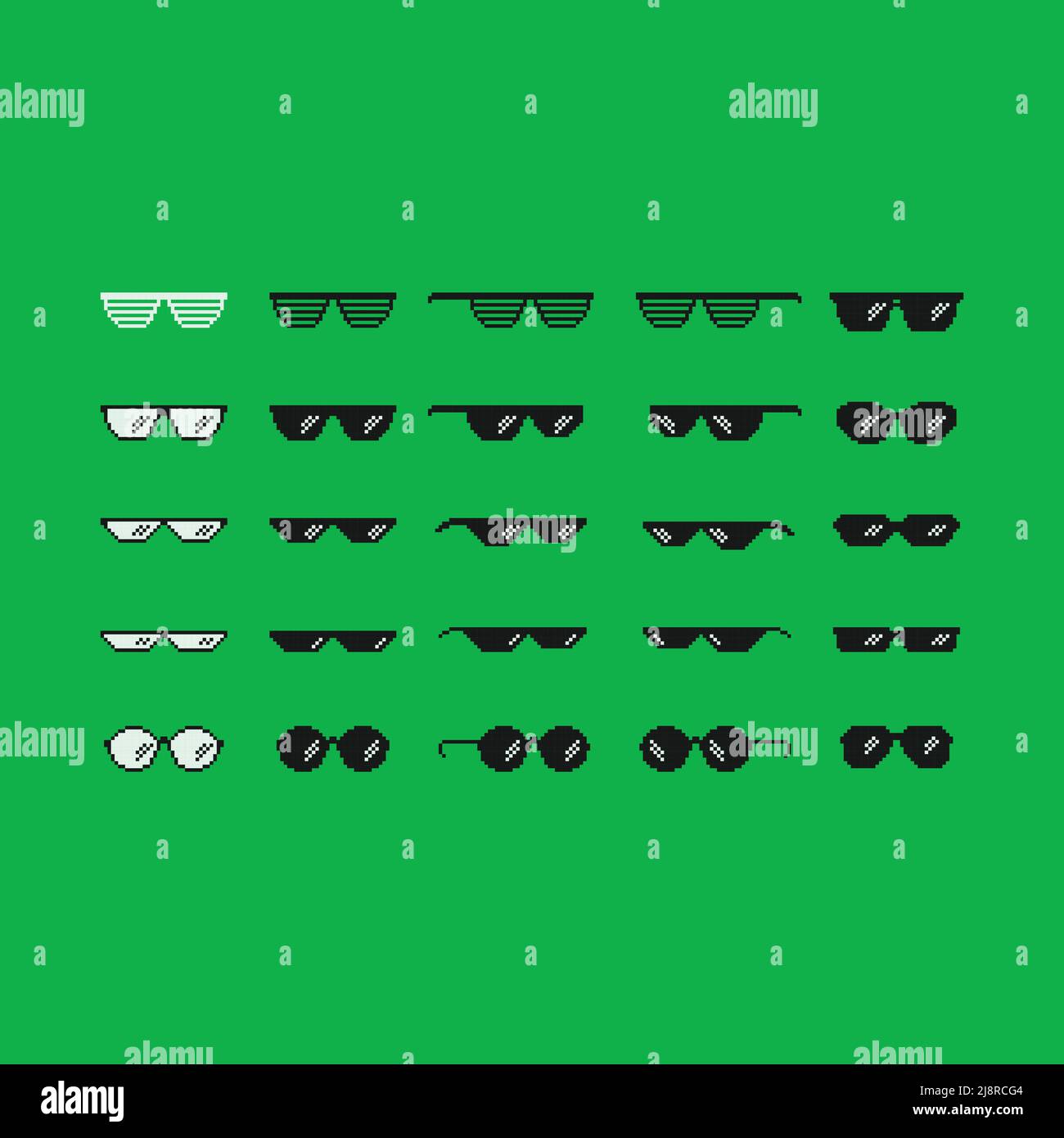 Occhiali da sole pixel art isolati su sfondo verde cromato. Occhiali da sole, bianco e nero diverse forme di moda in stile pixel art. Vettore Illustrazione Vettoriale
