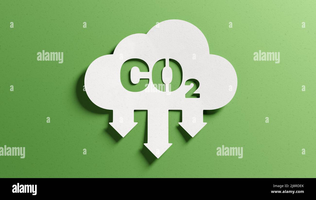 Ridurre le emissioni del CO2 per limitare i cambiamenti climatici e il riscaldamento globale. Bassi livelli di gas serra, decarbonizzazione, emissioni nette zero di anidride carbonica. M. Astratto Foto Stock