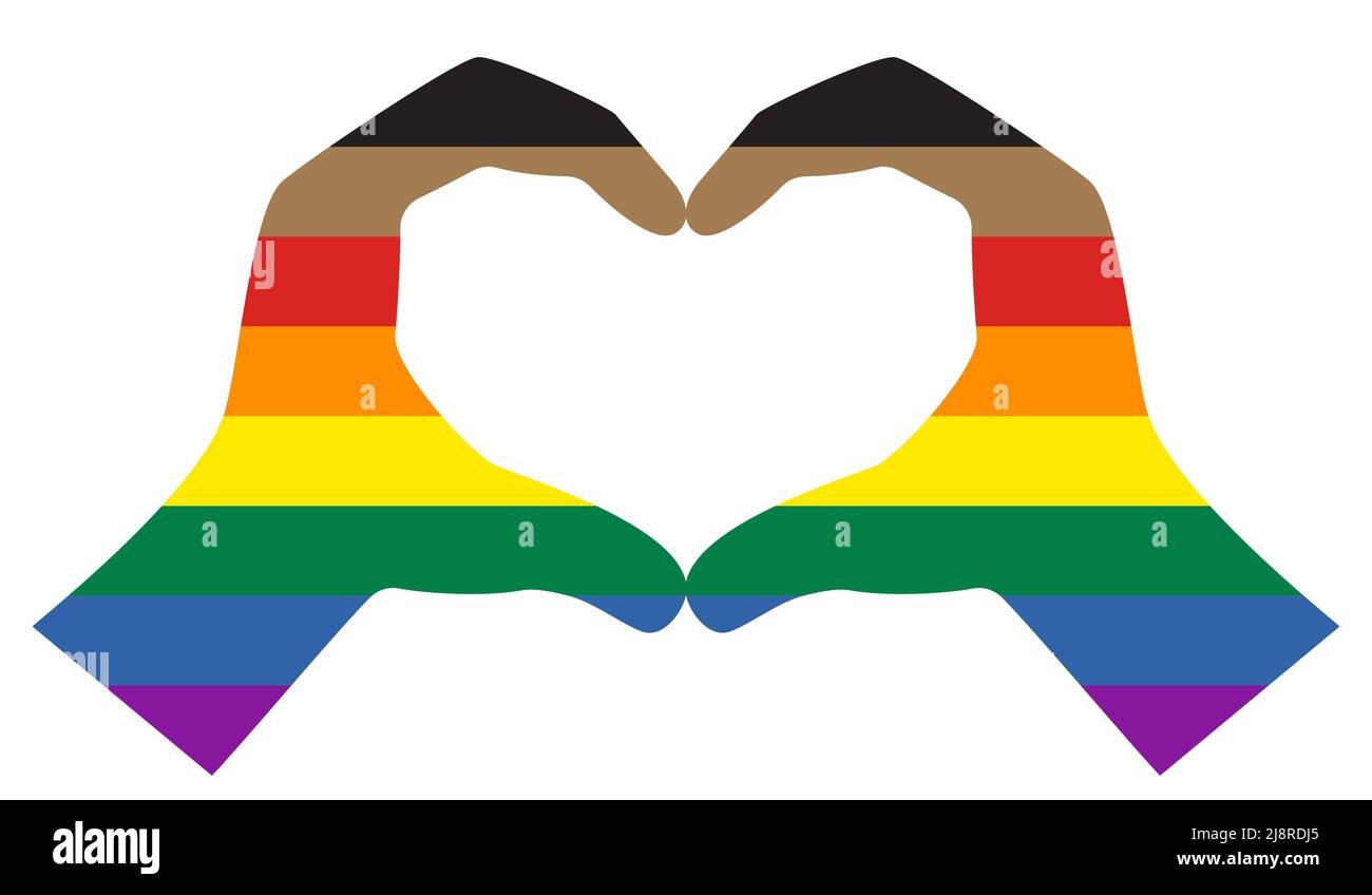 Gesto delle mani ripiegato come cuore con la Bandiera nuovo Pride all'interno. Icona isolata su sfondo bianco. Simbolo della comunità LGBT. Illustrazione vettoriale Illustrazione Vettoriale