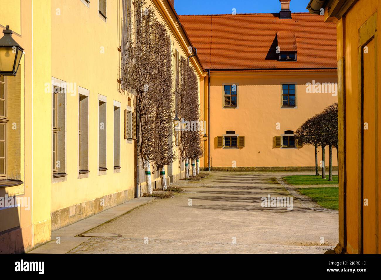 Vista all'interno del cortile interno del Moritzburg state Stud vicino a Dresda, Sassonia, Germania, il prigioniero di stato dei liberi stati di Sassonia e Turingia. Foto Stock