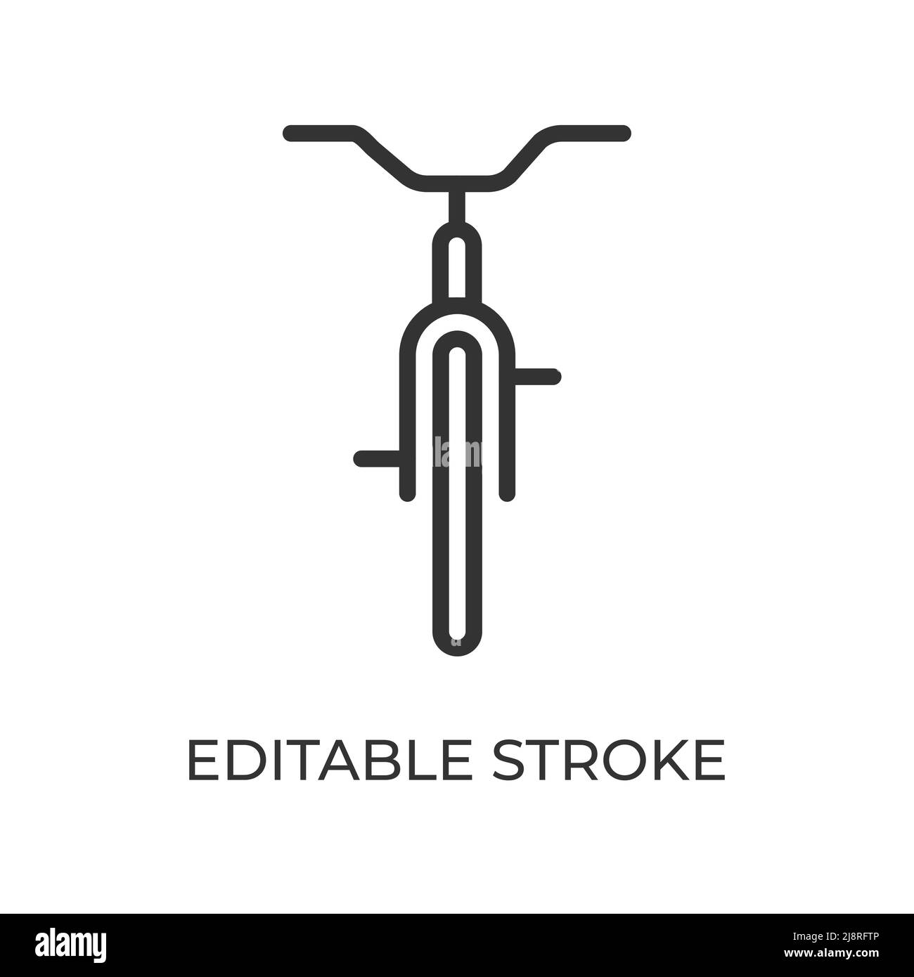 Icona della linea della vista anteriore della bicicletta. Trasporto a terra ecologico. Utilizzato per lo sport, l'intrattenimento e i viaggi. Illustrazione vettoriale isolata su sfondo bianco. Tratto modificabile. Illustrazione Vettoriale