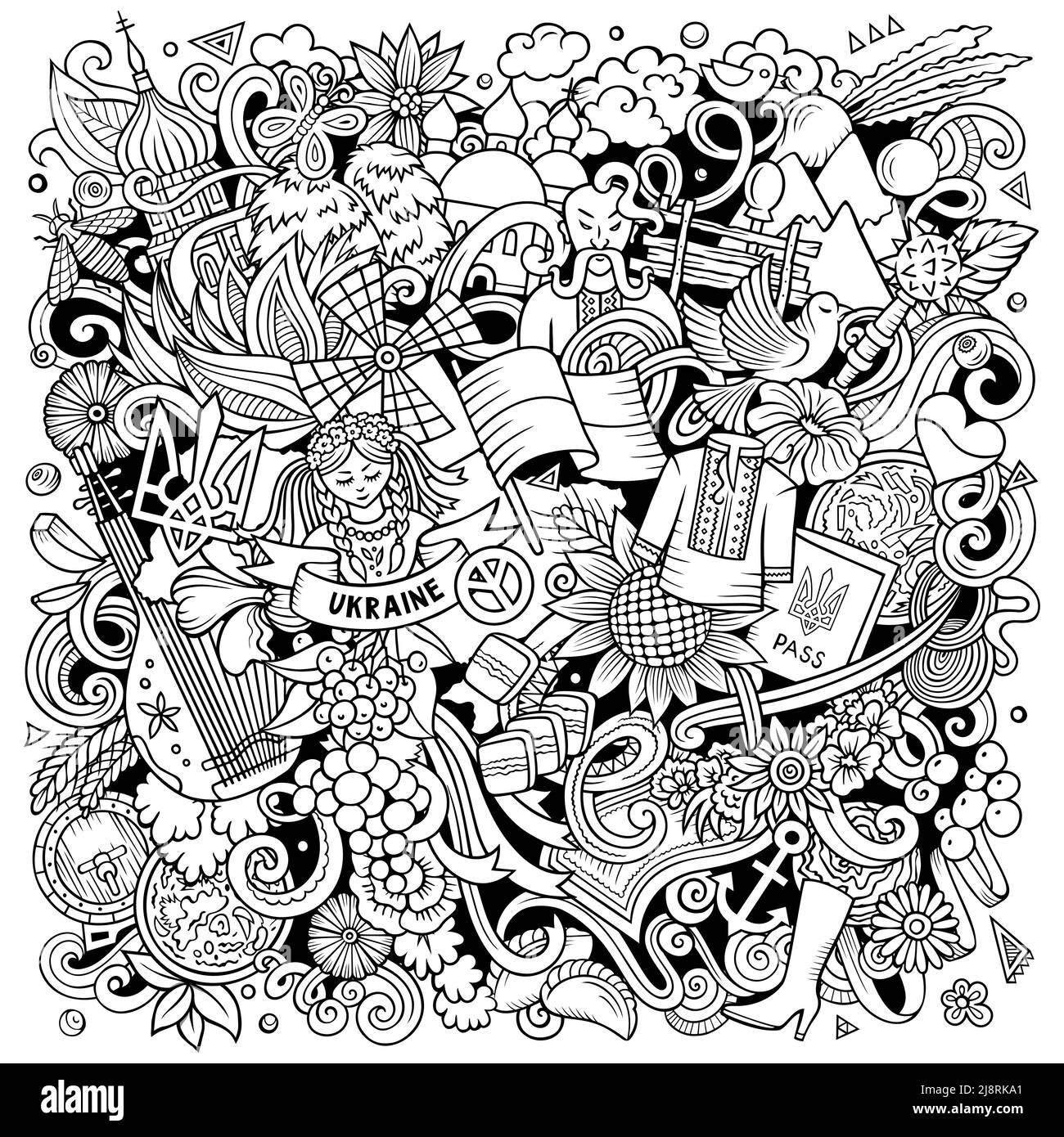 Ucraina cartoon vettore Doodles illustrazione. Sfondo ucraino di simboli, elementi e oggetti. Immagine divertente di schizzo. Tutti gli elementi sono separati Illustrazione Vettoriale