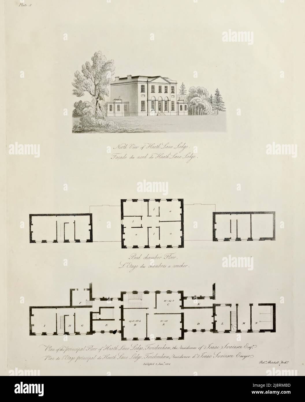 ELEVAZIONE DEL FRONTE NORD, E LA PIANTA DEL PIANO PRINCIPALE DI HEATH - LANE LODGE, LA RESIDENZA DI ISAAC SIVAINSON, ESQ. Situato a Twickenham in Middlesex dal libro ' piani, e viste in prospettiva, con descrizioni, di edifici eretti in Inghilterra e Scozia : e anche un saggio, per chiarire l'architettura greca, romana e gotica : accompagnato da disegni di Robert Mitchell, Data di pubblicazione 1801 Editore Londra : Stampato, presso l'Oriental Press, Wilson & Co. Per l'autore Foto Stock