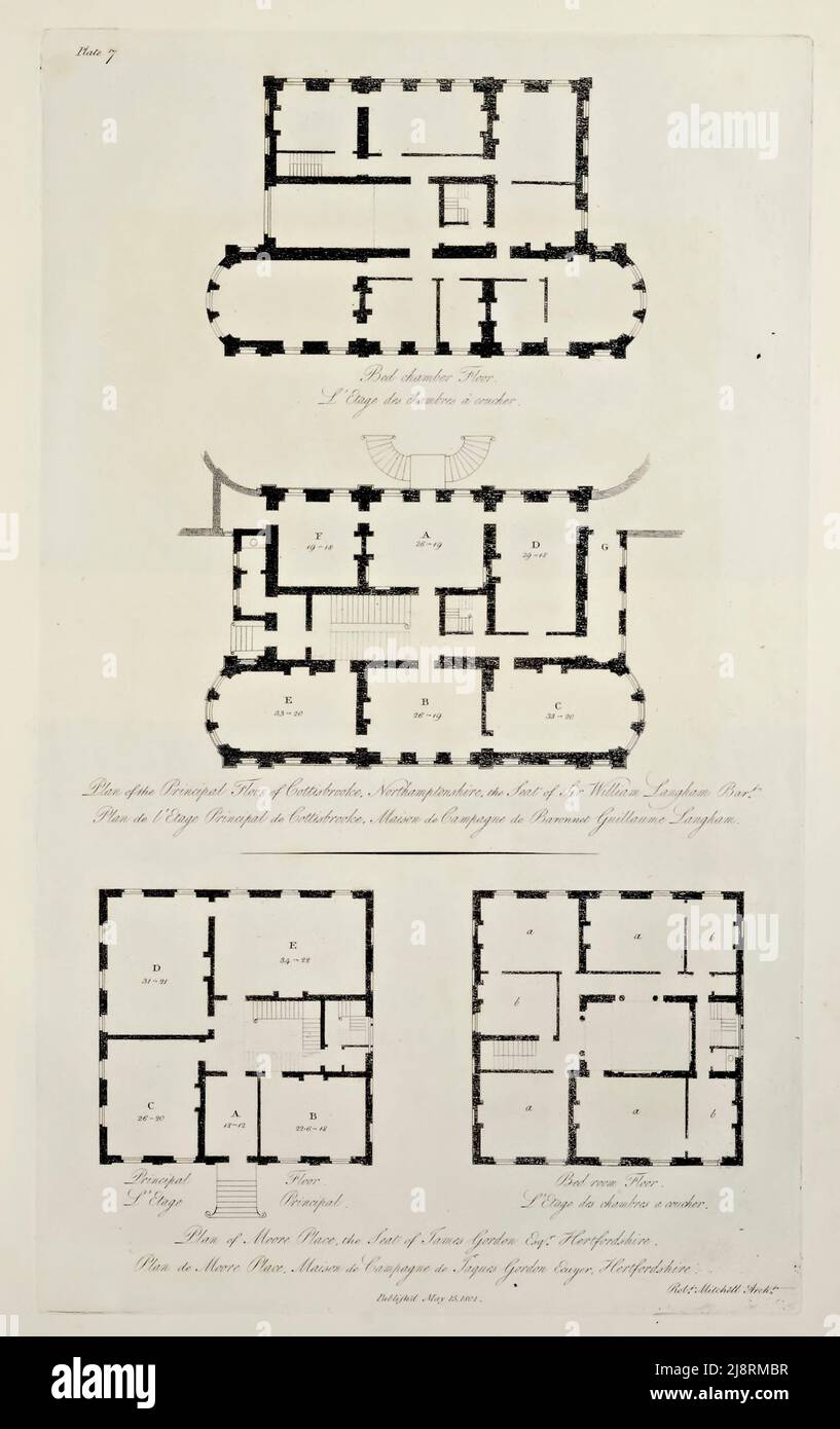 PIANTA DEL PIANO PRINCIPALE DI COTTISBMOOKE, SEDE DI SIR WILLIAM LANGHAM, BART. Situato nel Northamptonshire, a nove miglia a ovest di Northampton. Dal libro ' piani, e viste in prospettiva, con descrizioni, di edifici eretti in Inghilterra e Scozia : e anche un saggio, per chiarire l'architettura greca, romana e gotica : Accompagnato da disegni di Robert Mitchell, Data di pubblicazione 1801 Editore Londra : stampato, presso l'Oriental Press, Wilson & Co. Per l'autore Foto Stock