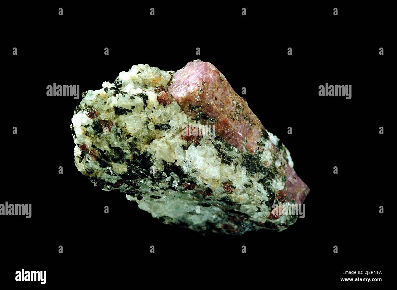 Il corindone, Al2O3, è disponibile in molti colori. A volte è gemmy ed ha valore come gemma (rubino o zaffiro), ma i cristalli in questo campione non sono chiari o colorati abbastanza per essere gemme. I cristalli di corindone ideali sono esagonali in sezione trasversale e allungati perpendicolarmente agli esagoni. Questa simmetria può essere vista nel grande cristallo (3 cm di lunghezza) in questa foto. Oltre al corindone, questo campione contiene anche plagioclasi bianca e biotite nera. È stato acquistato in una mostra di roccia e minerali e la sua provenienza è sconosciuta. Foto Stock