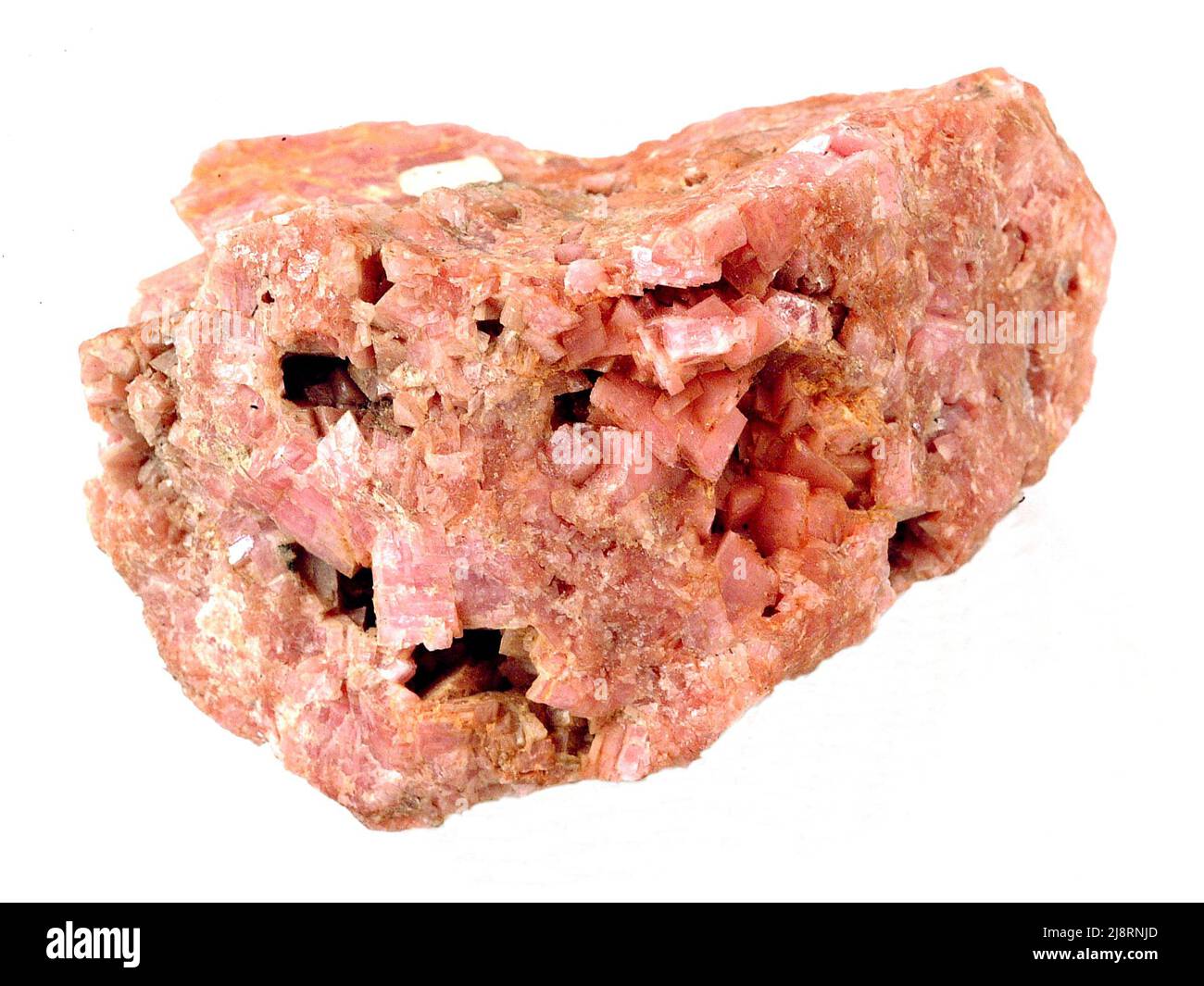Rhodonite al quarzo. La Rhodonite è un membro del gruppo pirossenico con formula minerale di (Mn,Fe,mg,CA)5(SiO3)5. Rhodonite è scolpito per gioielli. Il nome deriva dalla parola greca per rosa, rhodon. Questo campione è di circa 7 cm. Foto Stock