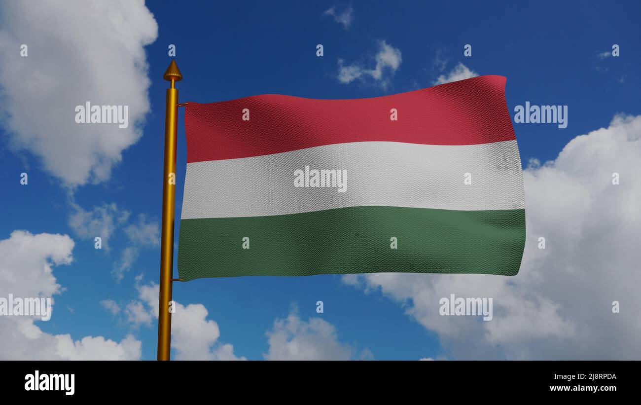 Bandiera nazionale dell'Ungheria che sventola 3D Render con flagpole e cielo blu, Magyarorszag zaszlaja è bandiera ufficiale dell'Ungheria, bandiera ungherese tessile Foto Stock
