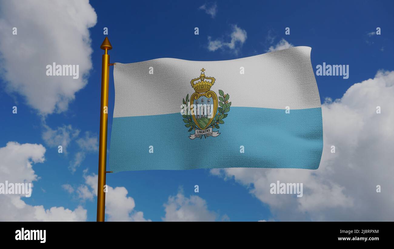 Bandiera nazionale di San Marino ondeggiamento 3D Render con flagpole e cielo blu, Repubblica di San Marino bandiera tessile o Repubblica di San Marino, stemma Foto Stock