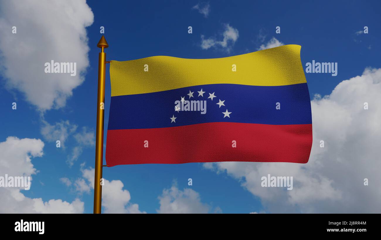 Bandiera nazionale del Venezuela ondeggiante 3D Render con flagpole e cielo blu, Repubblica bolivariana del Venezuela bandiera tessile progettato da Francisco de Miranda Foto Stock