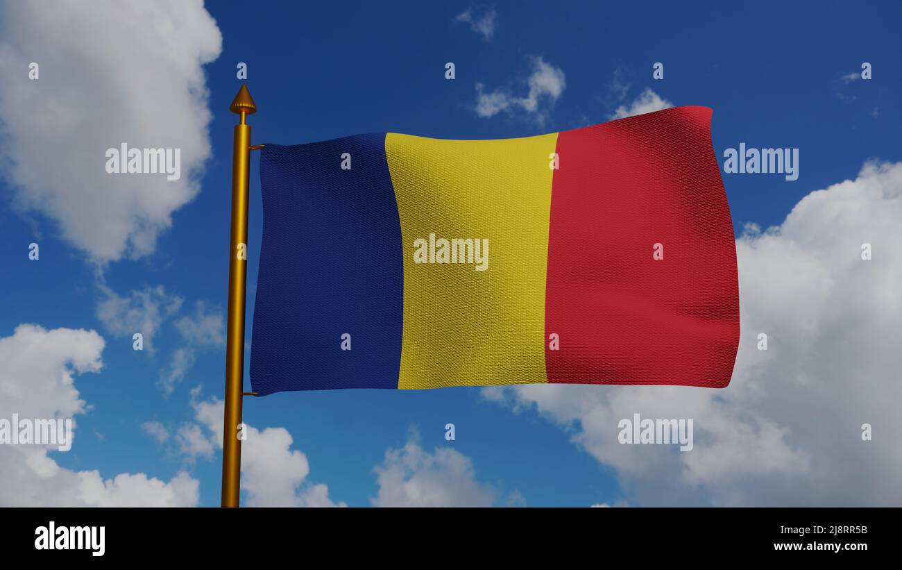 Bandiera nazionale della Romania ondeggiante 3D Render con flagpole e cielo blu, Repubblica di Romania bandiera tessile o drappelul Romaniei, stemma Romania Foto Stock