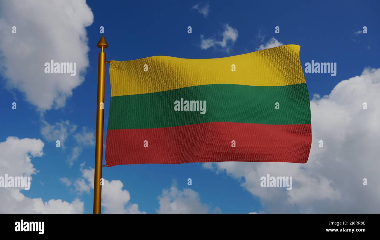 Bandiera nazionale della Lituania sventolare 3D Render con flagpole e cielo blu, bandiera lituana Lietuvos seliava, bandiera lituana, bandiera lituana tessile della Repubblica di Lituania Foto Stock