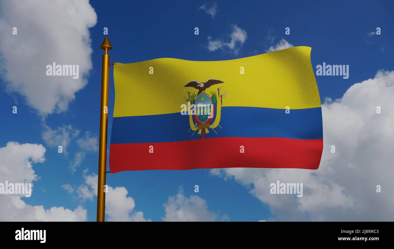 Bandiera nazionale dell'Ecuador ondeggiante 3D Render con flagpole e cielo blu, Repubblica di Ecuador bandiera tessile, stemma Ecuador giorno di indipendenza Foto Stock
