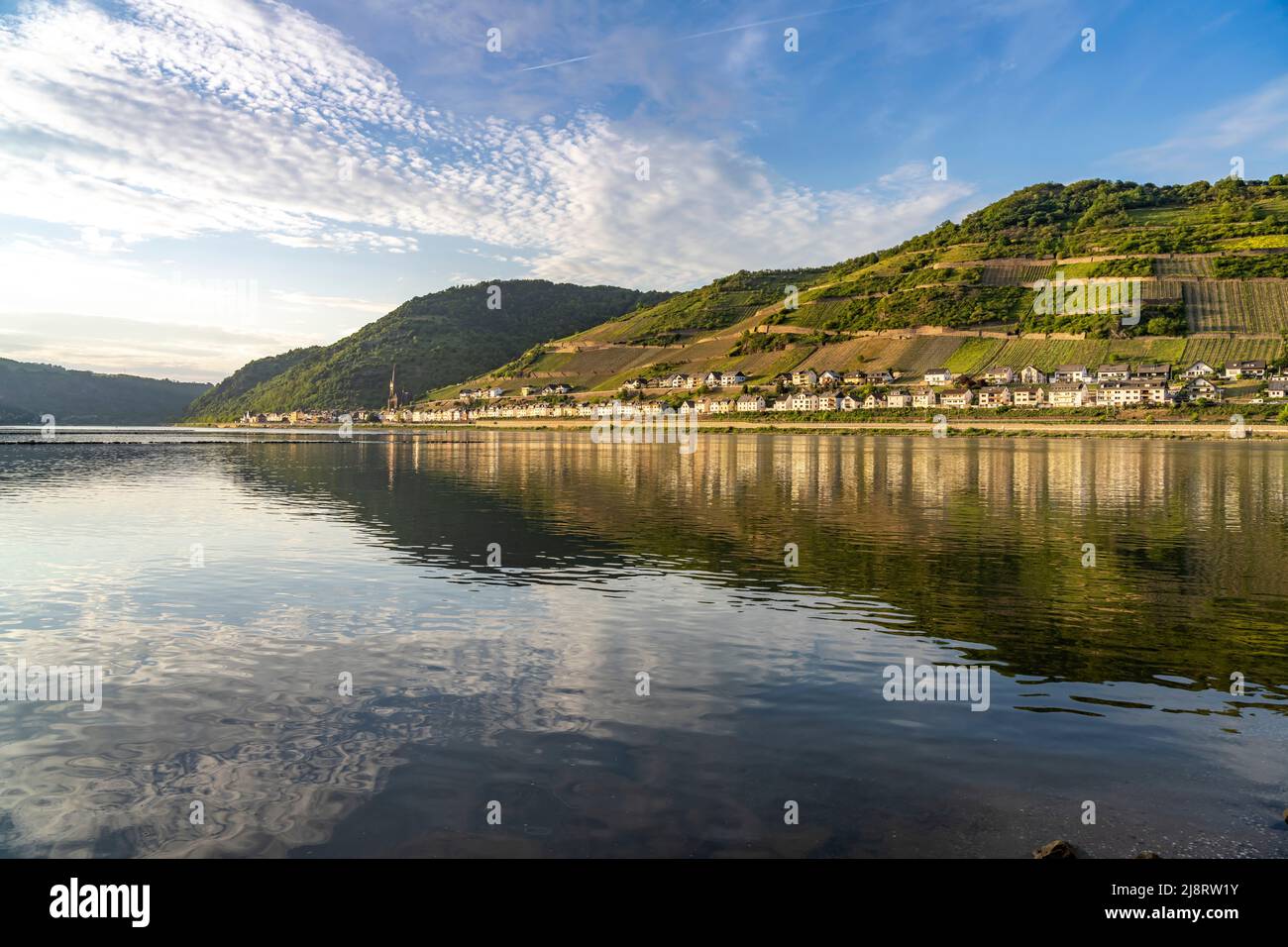 Blick über den Rhein nach Lorch, Rheingau, Welterbe Oberes Mittelrheintal, Hessen, Deutschland | Vista sul fiume reno a Lorch, patrimonio mondiale Foto Stock