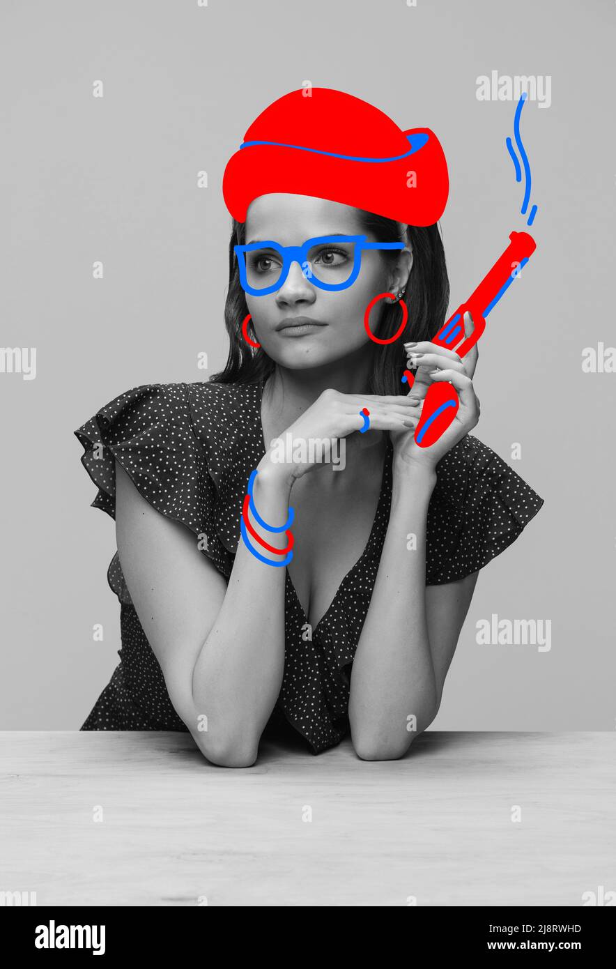 Ritratto in bianco e nero di giovane donna elegante con disegni luminosi, scarabocchi. Opere d'arte contemporanea. Concetto di arte, creazione, aspirazione, umorismo Foto Stock