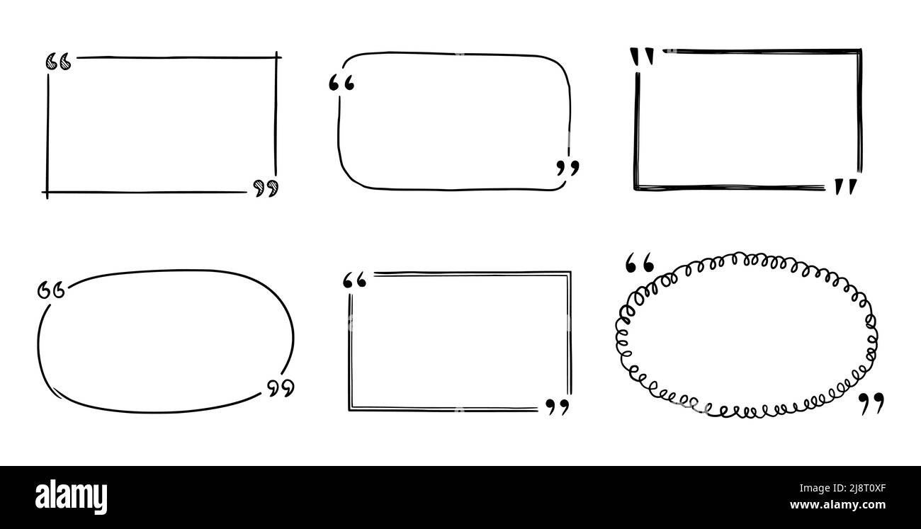 Schizzo della casella di virgoletta, cornice di testo impostata. Casella virgoletta disegnata a mano, bordo di testo con quadrato, bolla, forma rotonda. Illustrazione vettoriale. Illustrazione Vettoriale