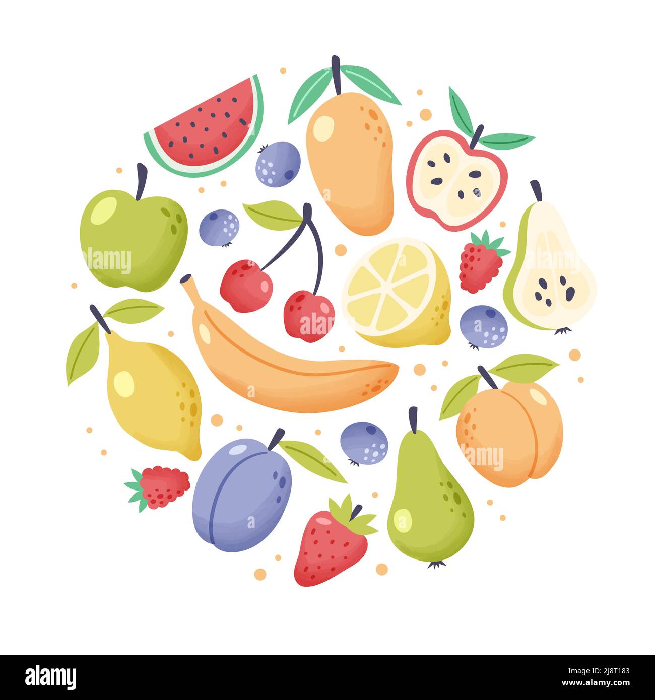 Collezione di frutta estiva, elementi stagionali di forma circolare. Frutta fresca tropicale e da giardino, cibo biologico vegano. Carino cartone animato Illustrazione Vettoriale