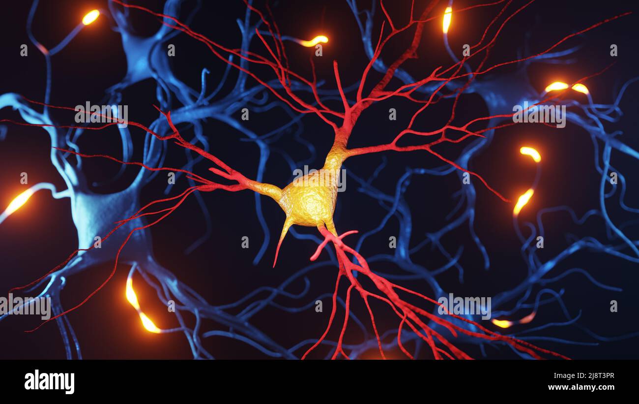 3d illustrazione di cellule neuronali con impulsi luminosi su sfondo scuro. Foto Stock