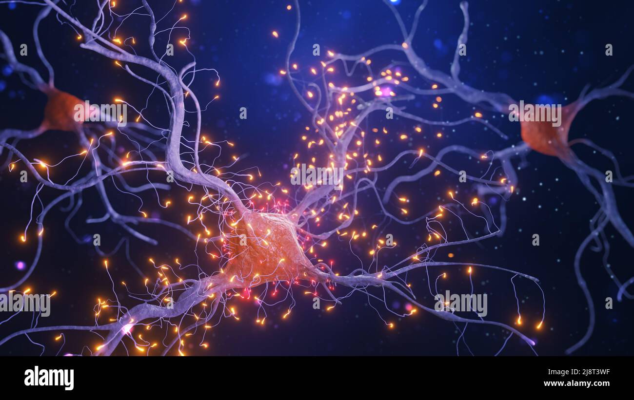 3d illustrazione di cellule neuronali con impulsi luminosi su sfondo scuro. Foto Stock