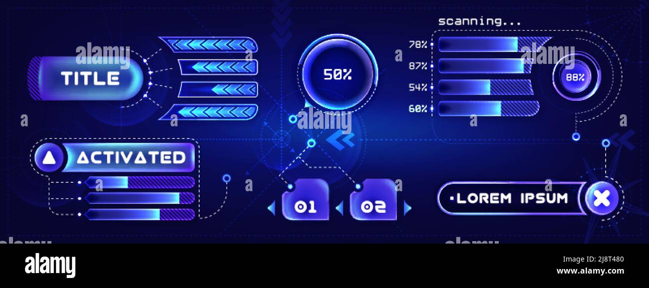 Titoli di callout futuristici. Schermata del riquadro hud astratto, pulsante, caricamento, testo, etichette delle barre delle didascalie e barre delle caselle delle informazioni. La tecnologia fantascientica moderna è all'avanguardia per giochi, grafica ui o elementi gui. Illustrazione Vettoriale