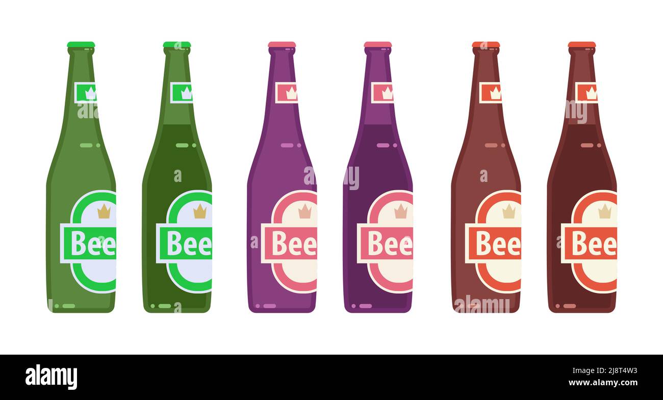 Set di bottiglie di birra piatte isolate su sfondo bianco per la stampa e il design. Illustrazione vettoriale. Illustrazione Vettoriale