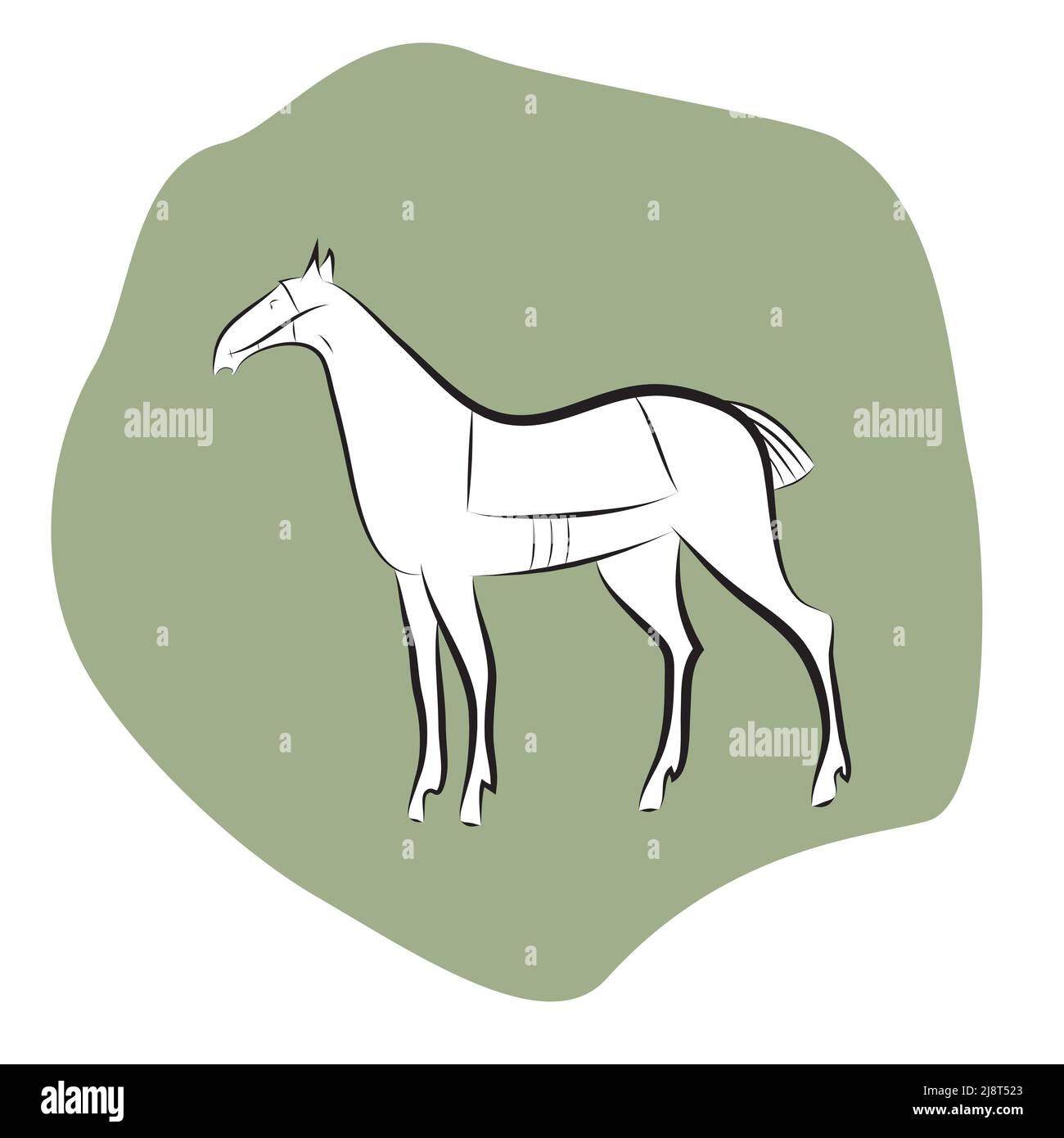 Silhouette in stallone bianco e nero su sfondo verde. Disegno a mano rubato isolato. Grazioso ed elegante cavallo in piedi. Mustang sadled. Sim. Cavallo Illustrazione Vettoriale