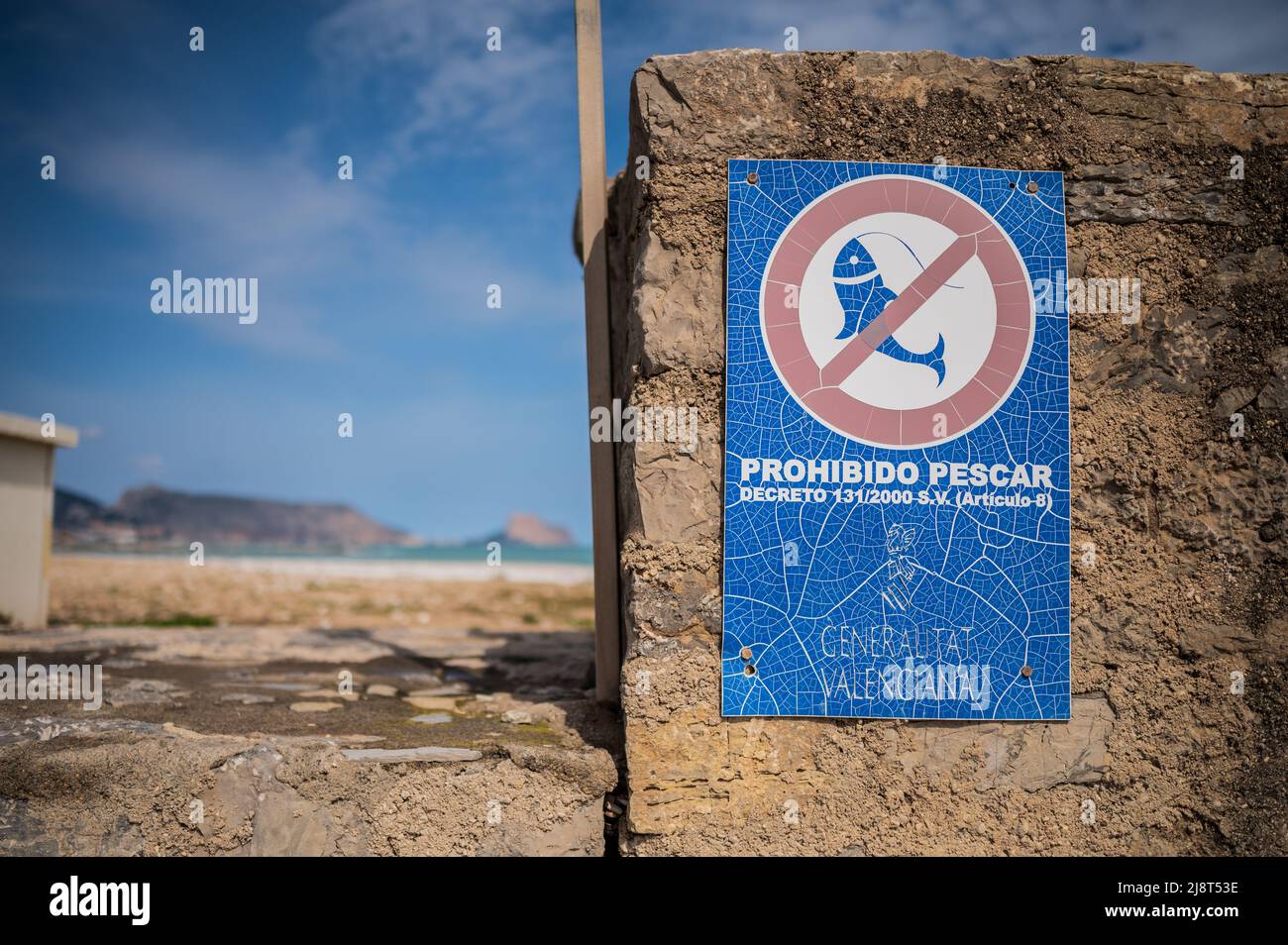 Pesca non permesso segno in Altea, Alicante, Spagna Foto Stock