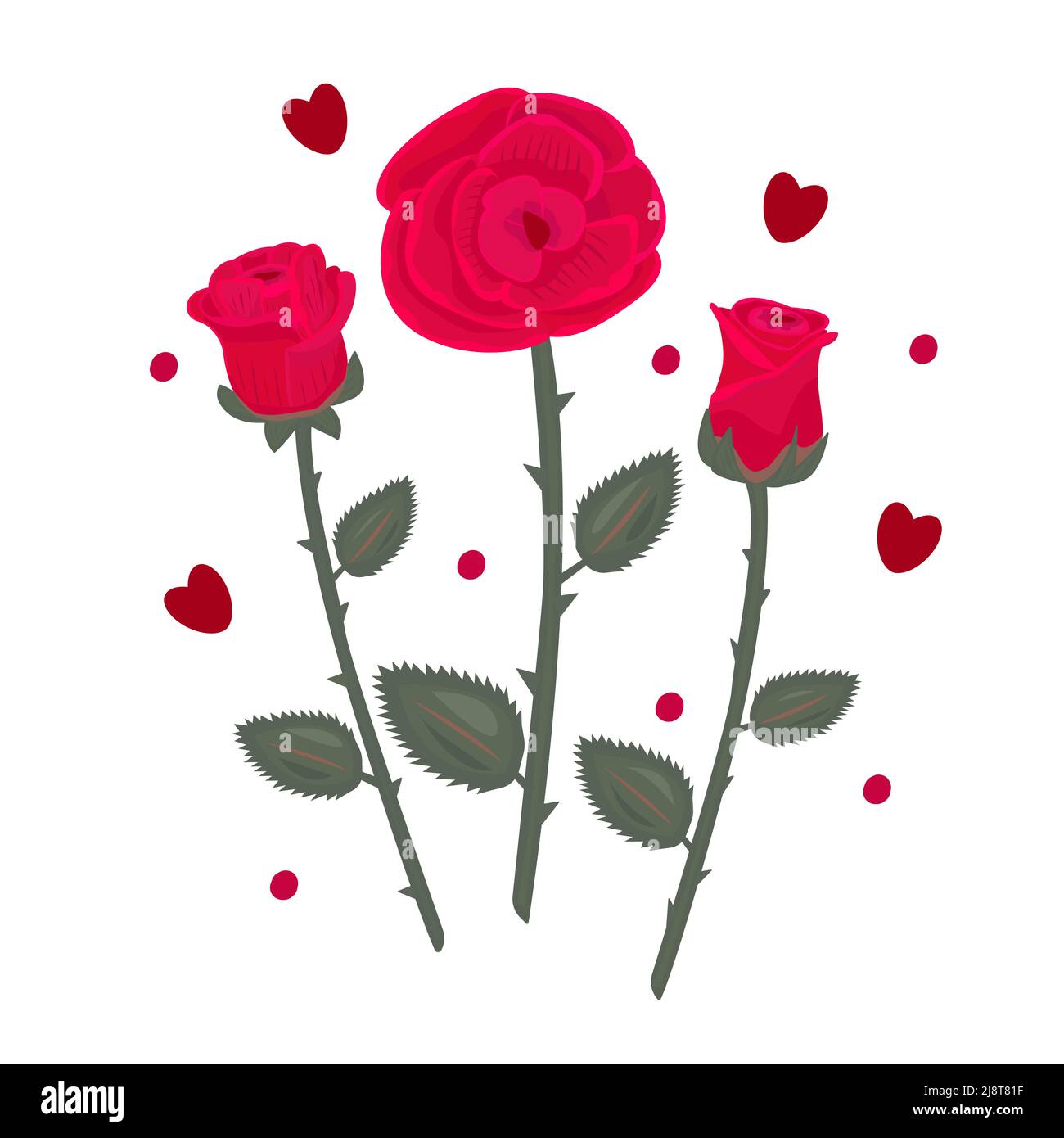 Composizione di tre rose rosse, illustrazione colorata Illustrazione Vettoriale