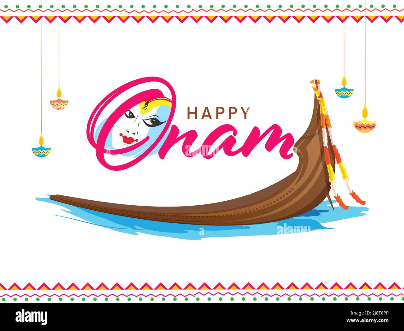 Happy Onam scritta con Kathakali viso, Aranmula Barca corsa, Lit Oil lampade (Diya) Hang su sfondo bianco. Illustrazione Vettoriale